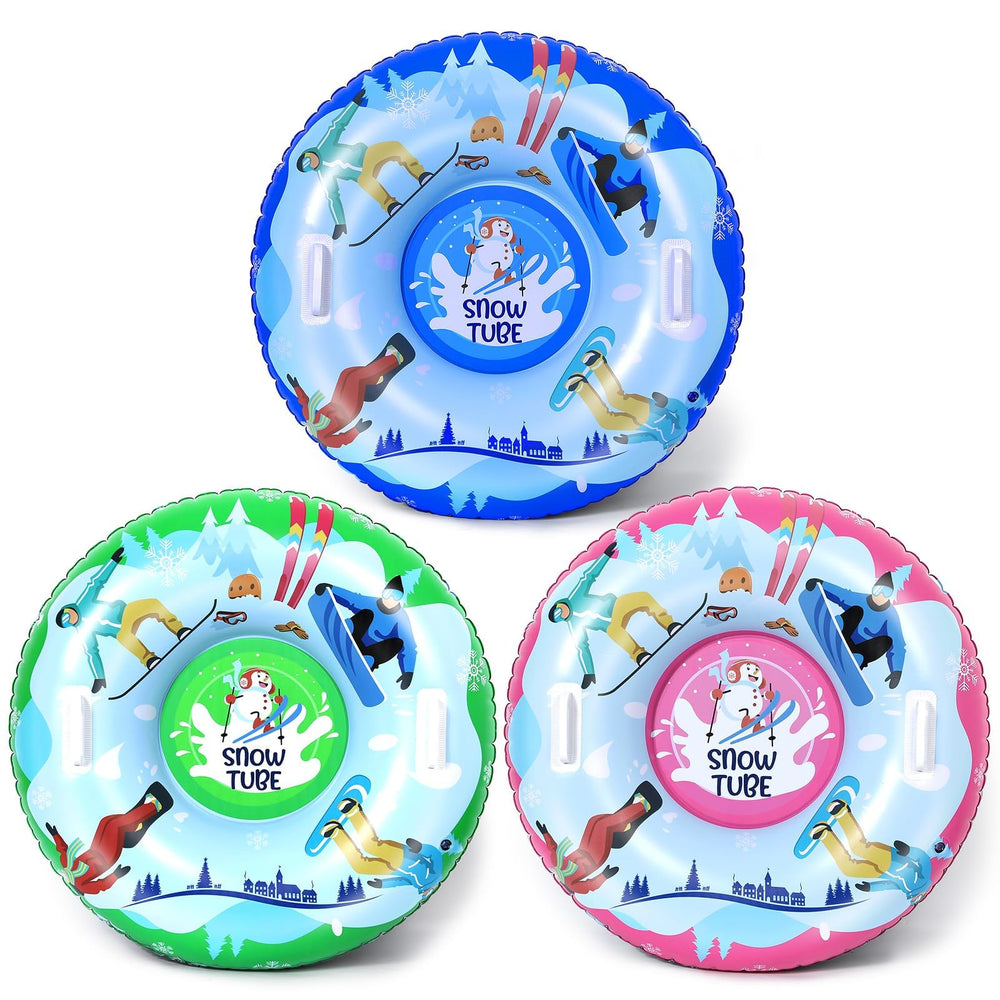 Qyeahkj three snow tubes front view shows bright colors and group fun