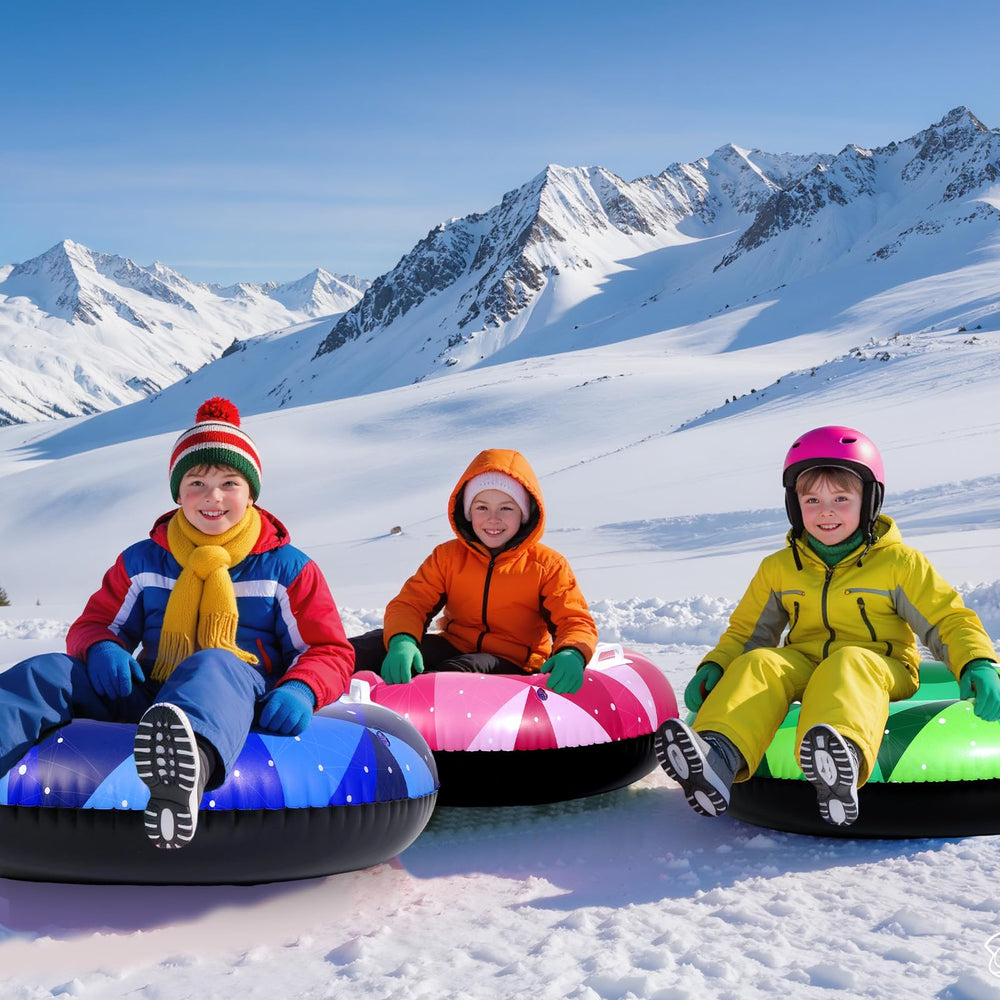 Qyeahkj tubes on snowy hill with two riders, demonstrating speed and stable performance