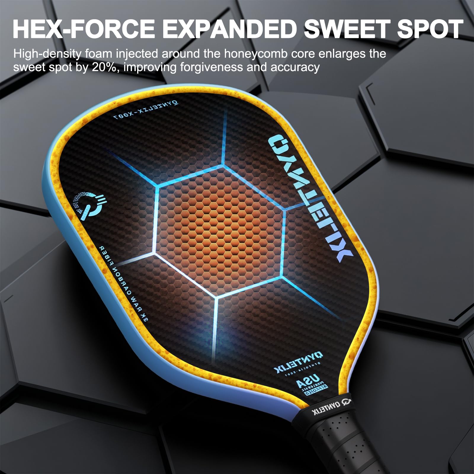 Qyntelix carbon weave texture close-up delivering spin control