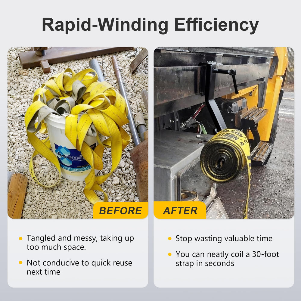 QZATTCAEN rewinding a 4-inch winch strap illustrating fast, uniform coils that save time