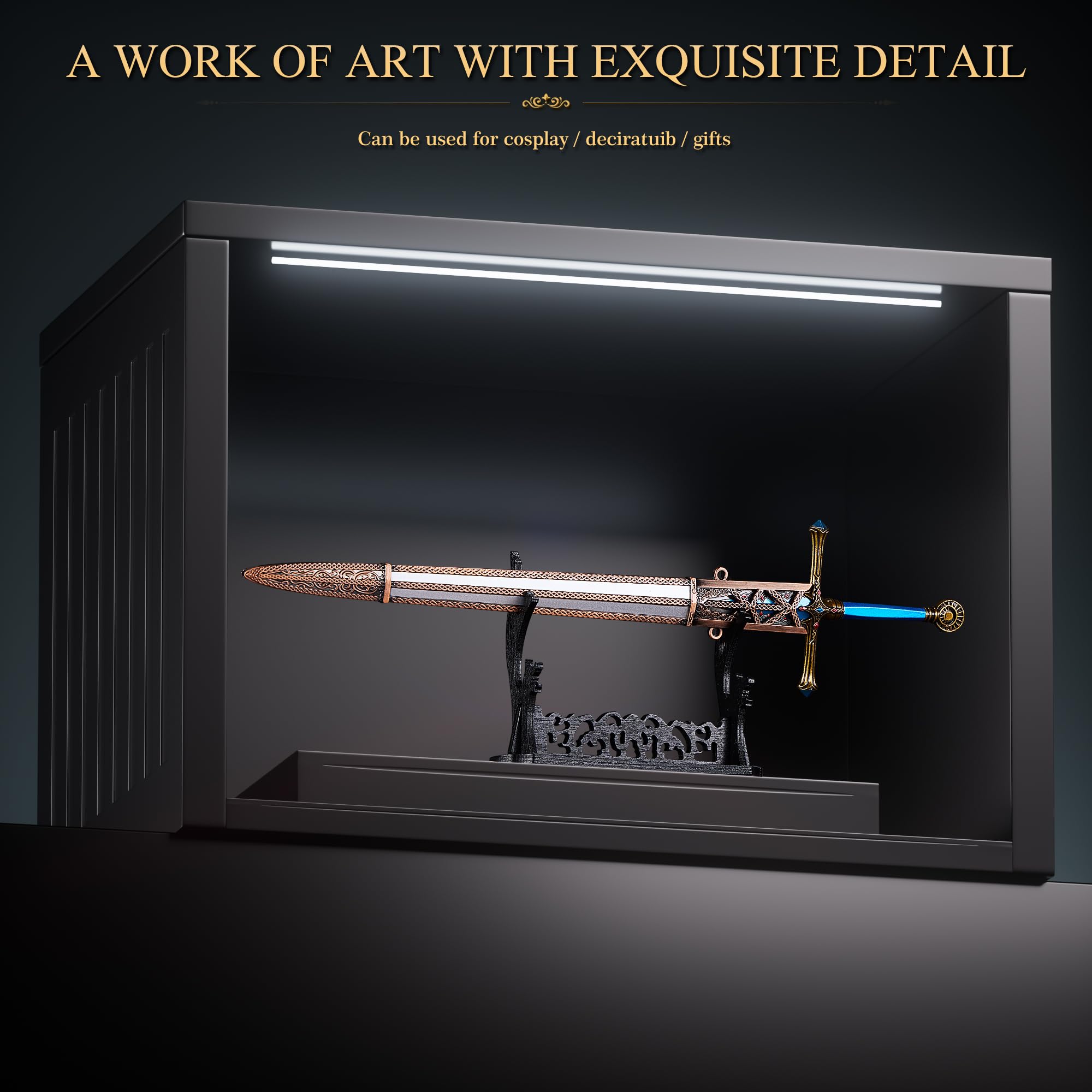 RACEROCKET sword on a shelf in a gaming setup adding themed decoration