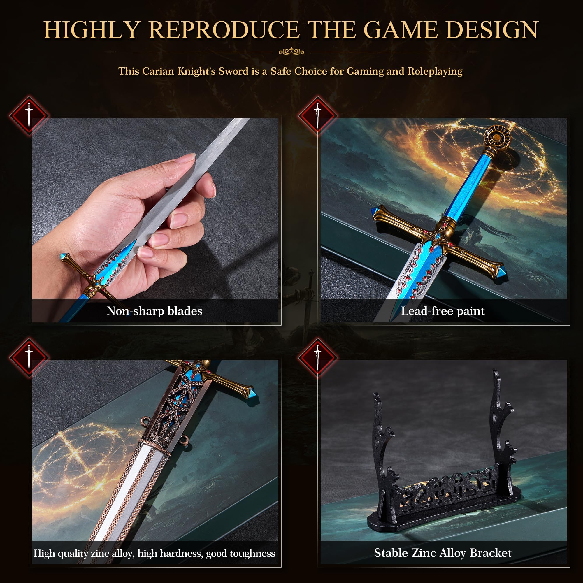 RACEROCKET sword displayed on included stand for secure desk presentation