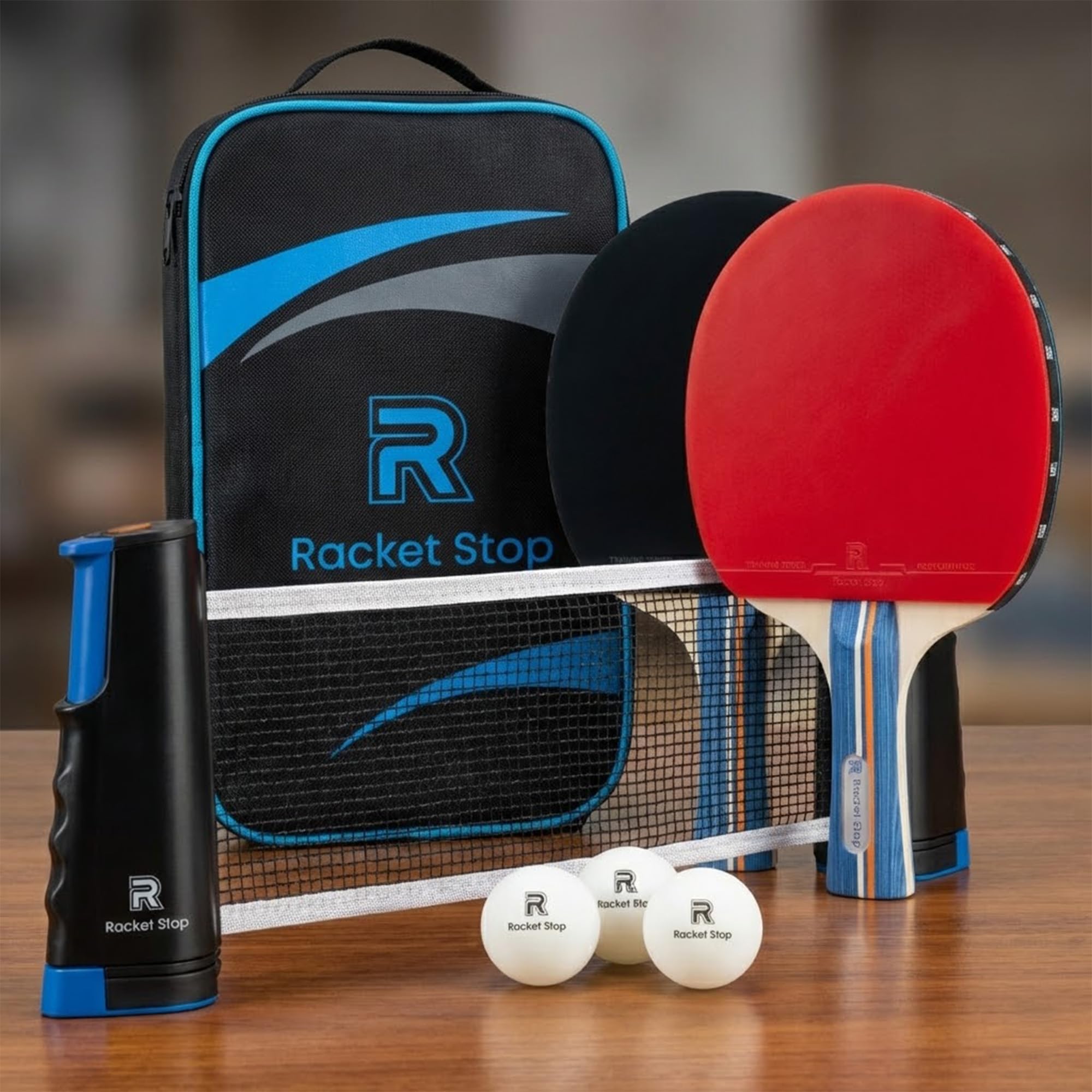 Racket Stop open carry case revealing paddles, balls, and net for organized storage