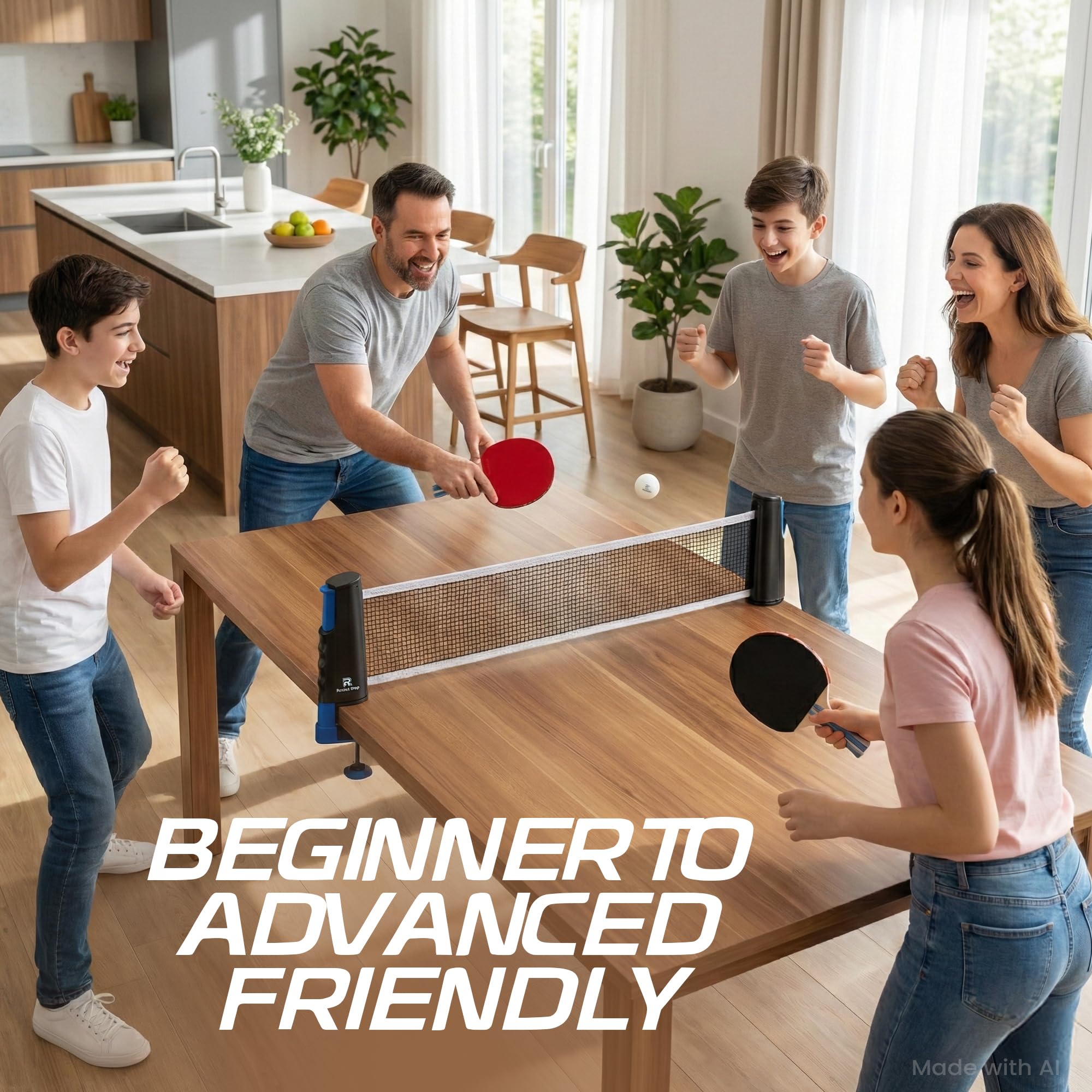 Racket Stop retractable net installed on a table for instant setup