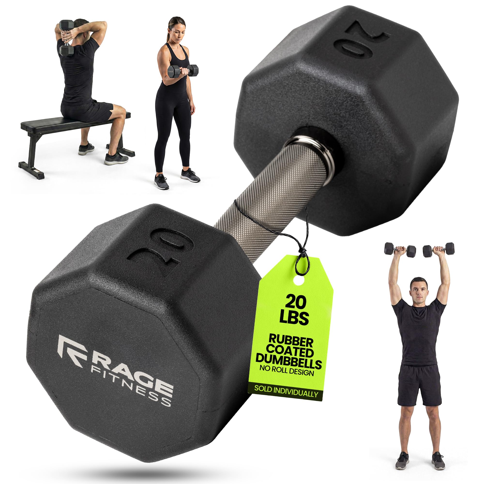 Rage Fitness 20 lb front view showing rubber-coated octagon weight and graphite handle for durable workouts