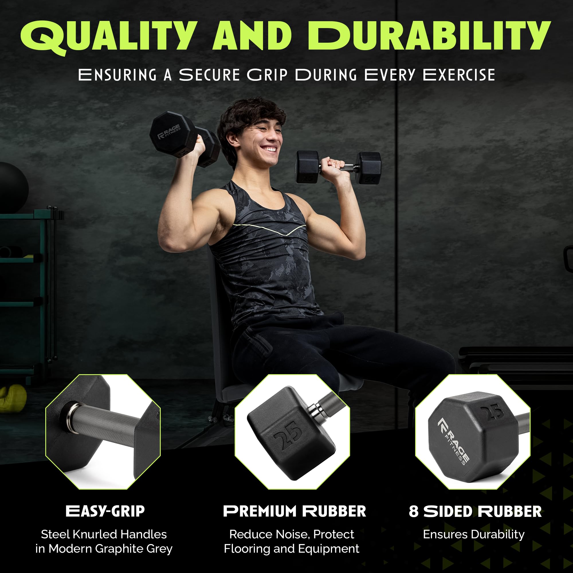 Rage Fitness placed on gym floor demonstrating rubber coating protecting flooring and reducing noise