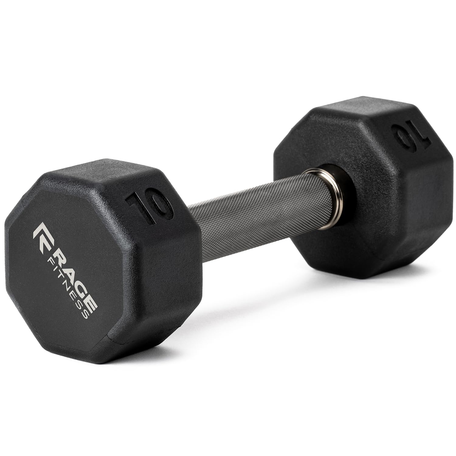 Rage Fitness front view of 10 lb octagon dumbbell showing compact, stable design