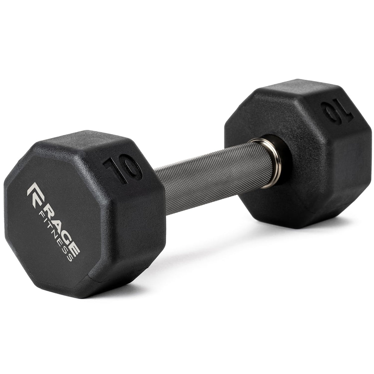 Rage Fitness front view of 10 lb octagon dumbbell showing compact, stable design