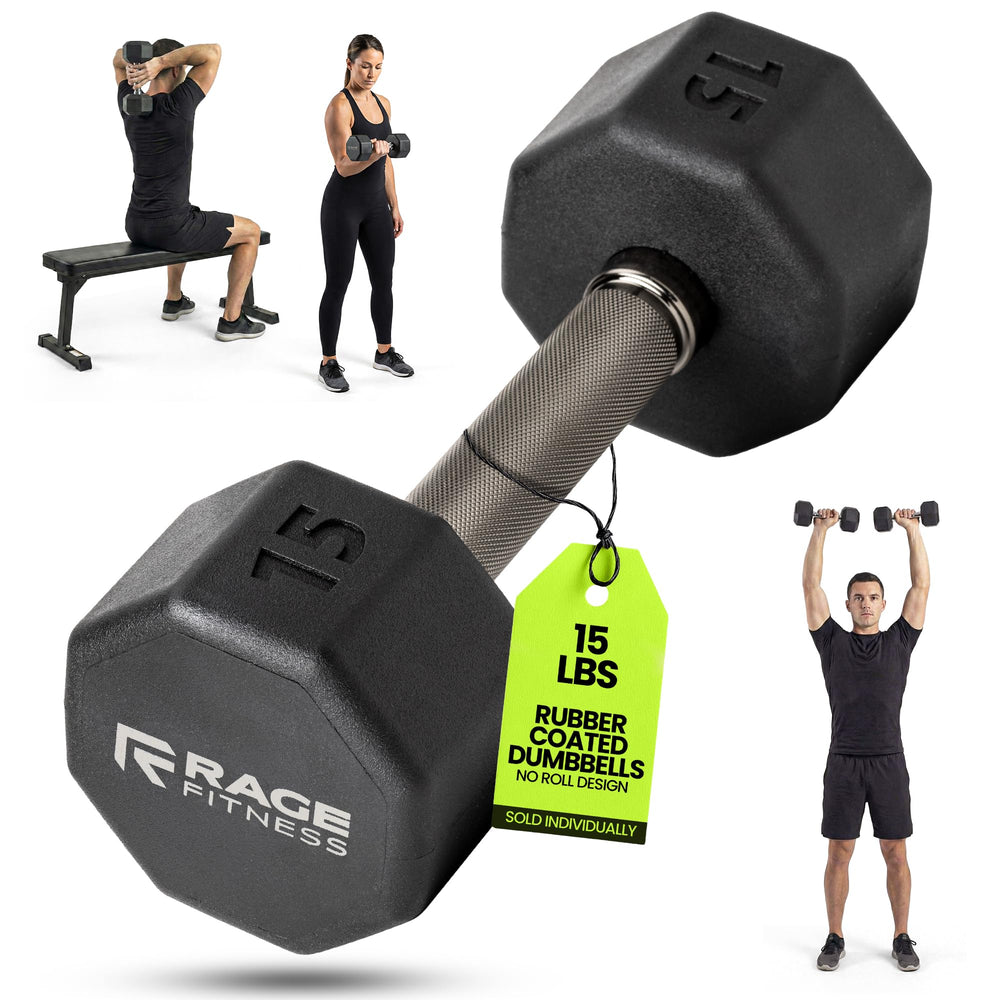 Rage Fitness front view of 15 lb octagon dumbbell showcasing compact design and stability