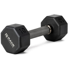 Rage Fitness front view of 10 lb octagon dumbbell showing compact, stable design