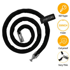 RAINCORE cable locked to bike rack illustrating practical bike protection while parked