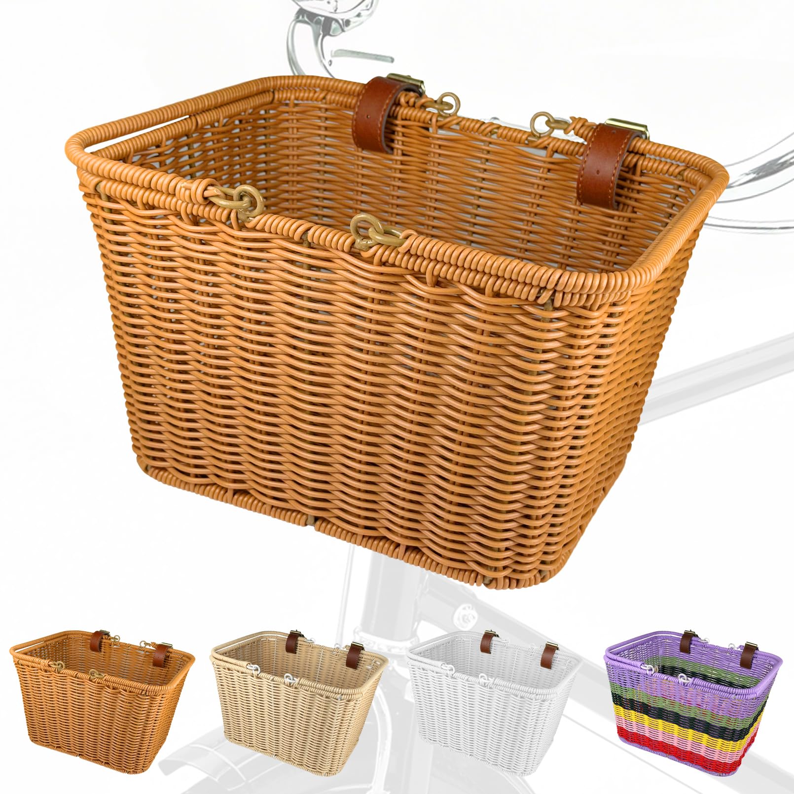 RainFlowwer front basket full view showing stylish red brown wicker and secure straps