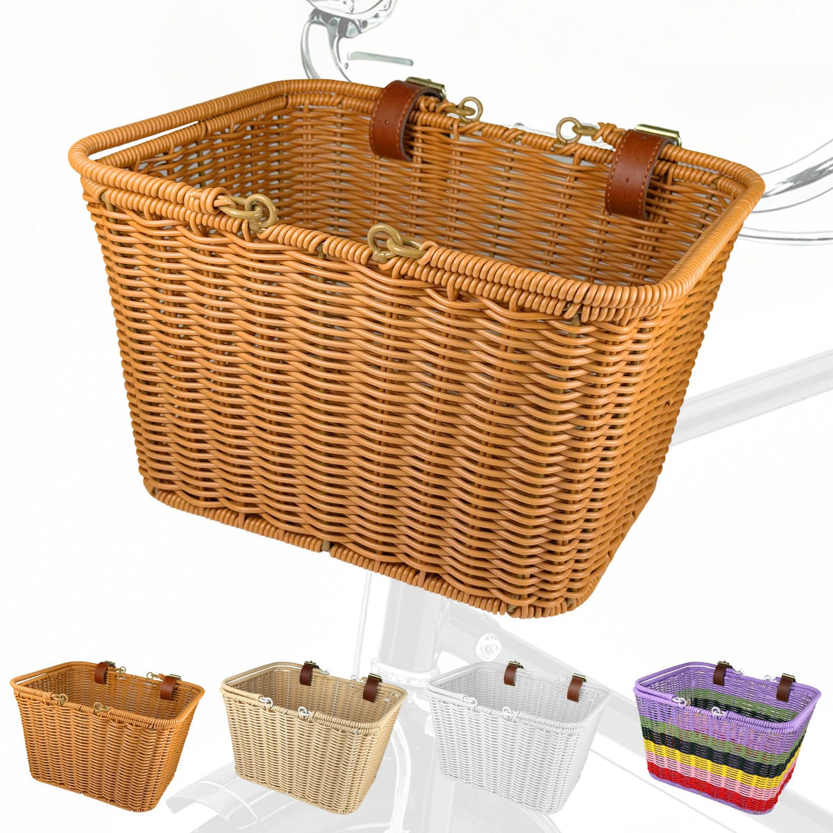 RainFlowwer front basket full view showing stylish red brown wicker and secure straps