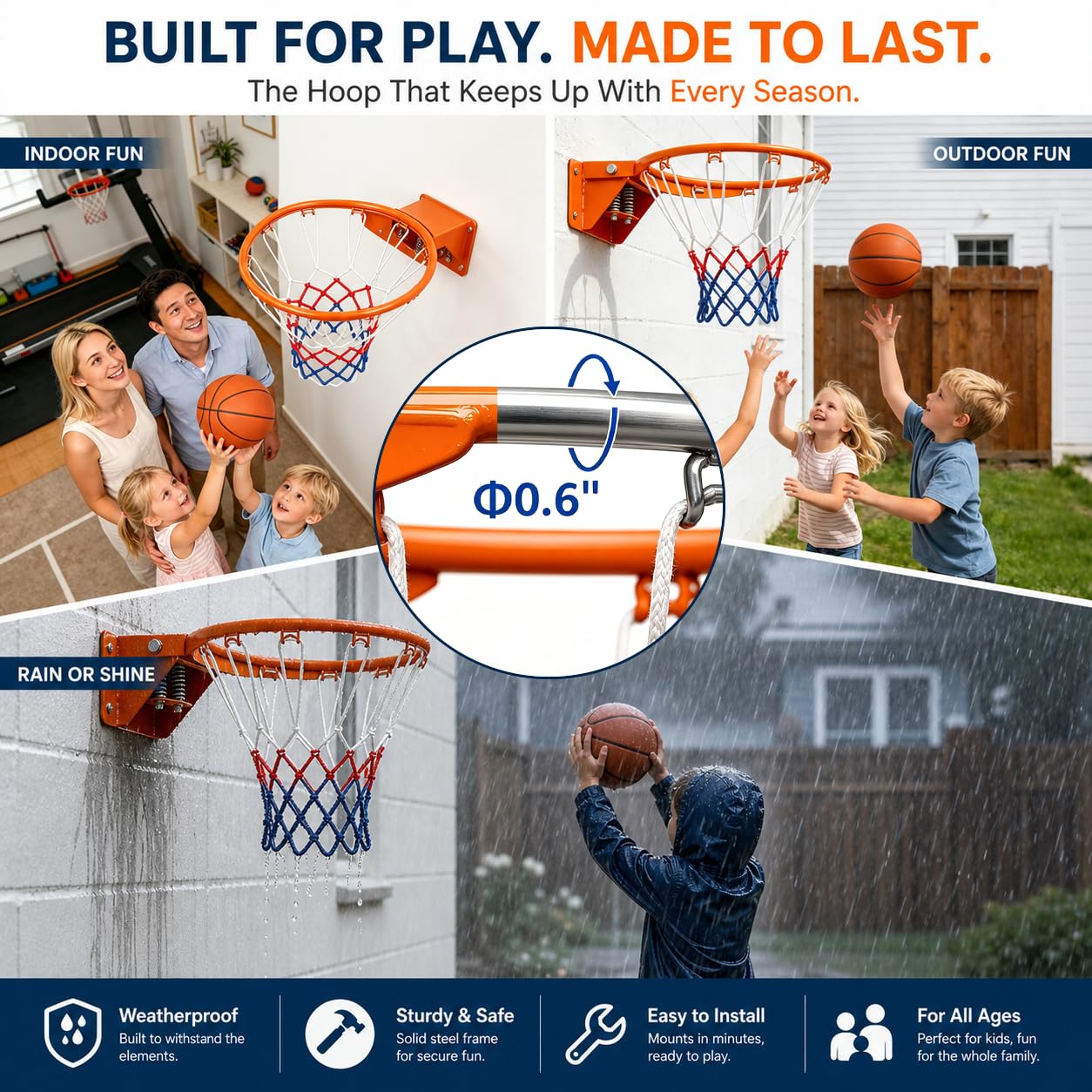 Rakon lifestyle backyard play setting showing weather-ready hoop for family fun