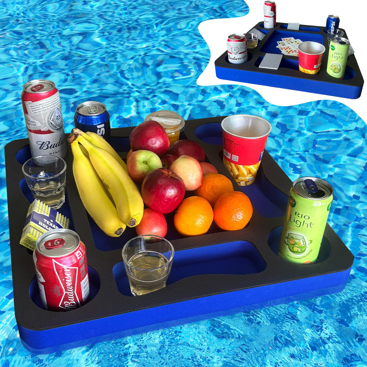 RAMIEYOO front view of floating tray showing organized drink and snack spots