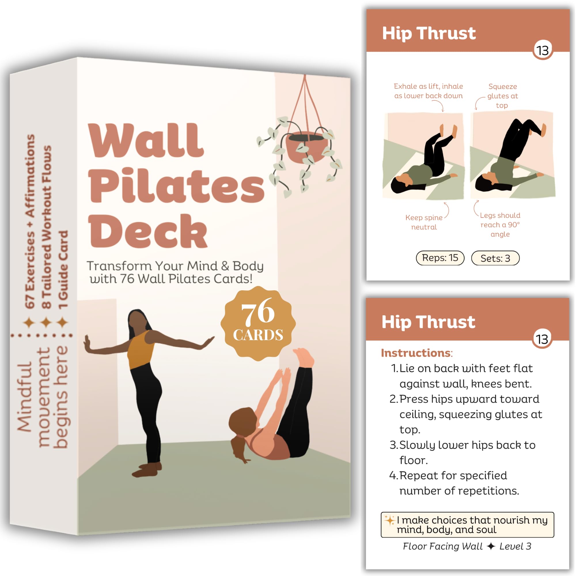 Raptor Studio front packaging showing the complete 76-card wall pilates set and easy storage benefit