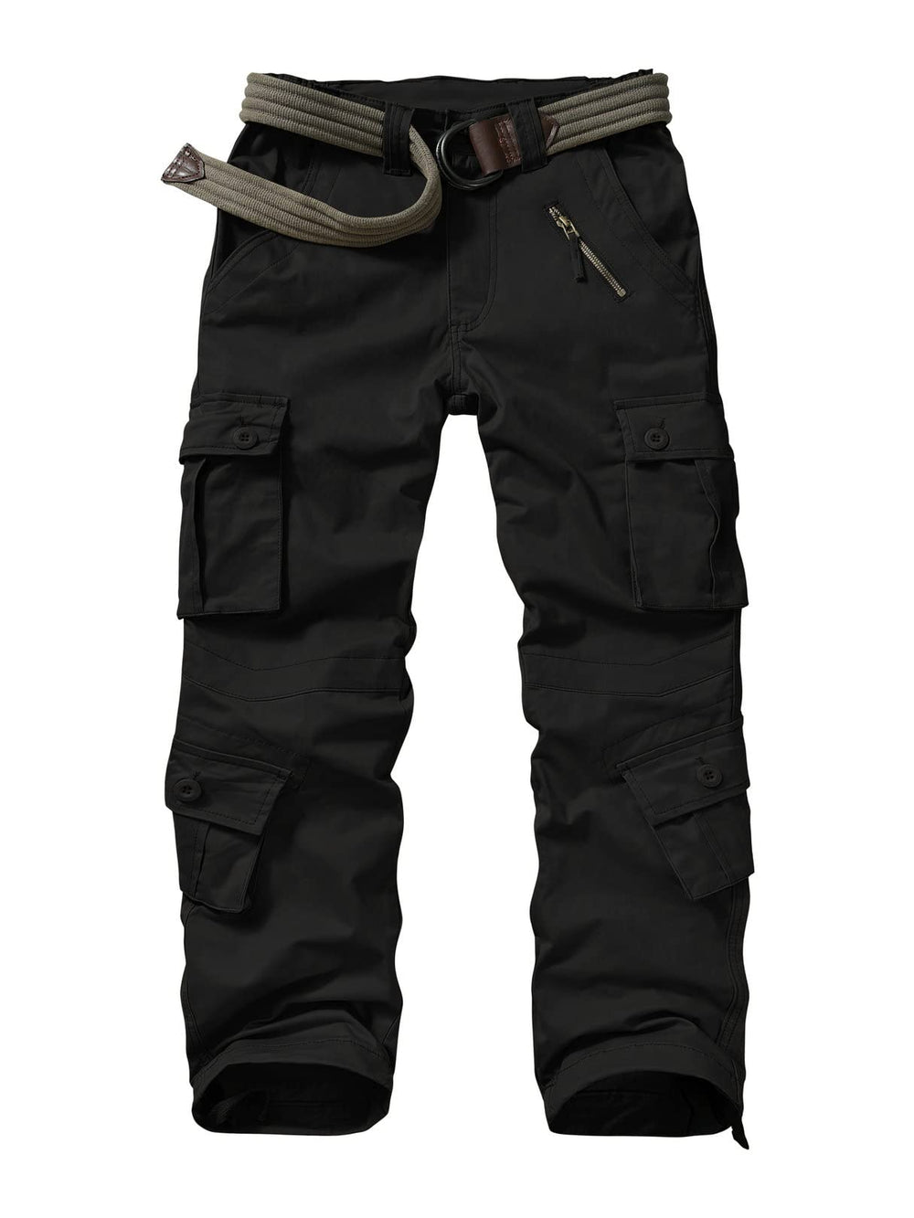 Raroauf front view of black cargo pants shows practical pocket layout and fit