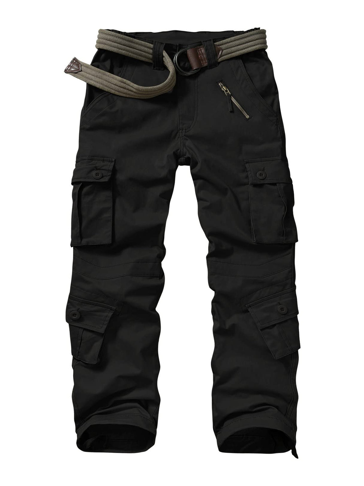 Raroauf front view of black cargo pants shows practical pocket layout and fit
