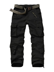 Raroauf front view of black cargo pants shows practical pocket layout and fit