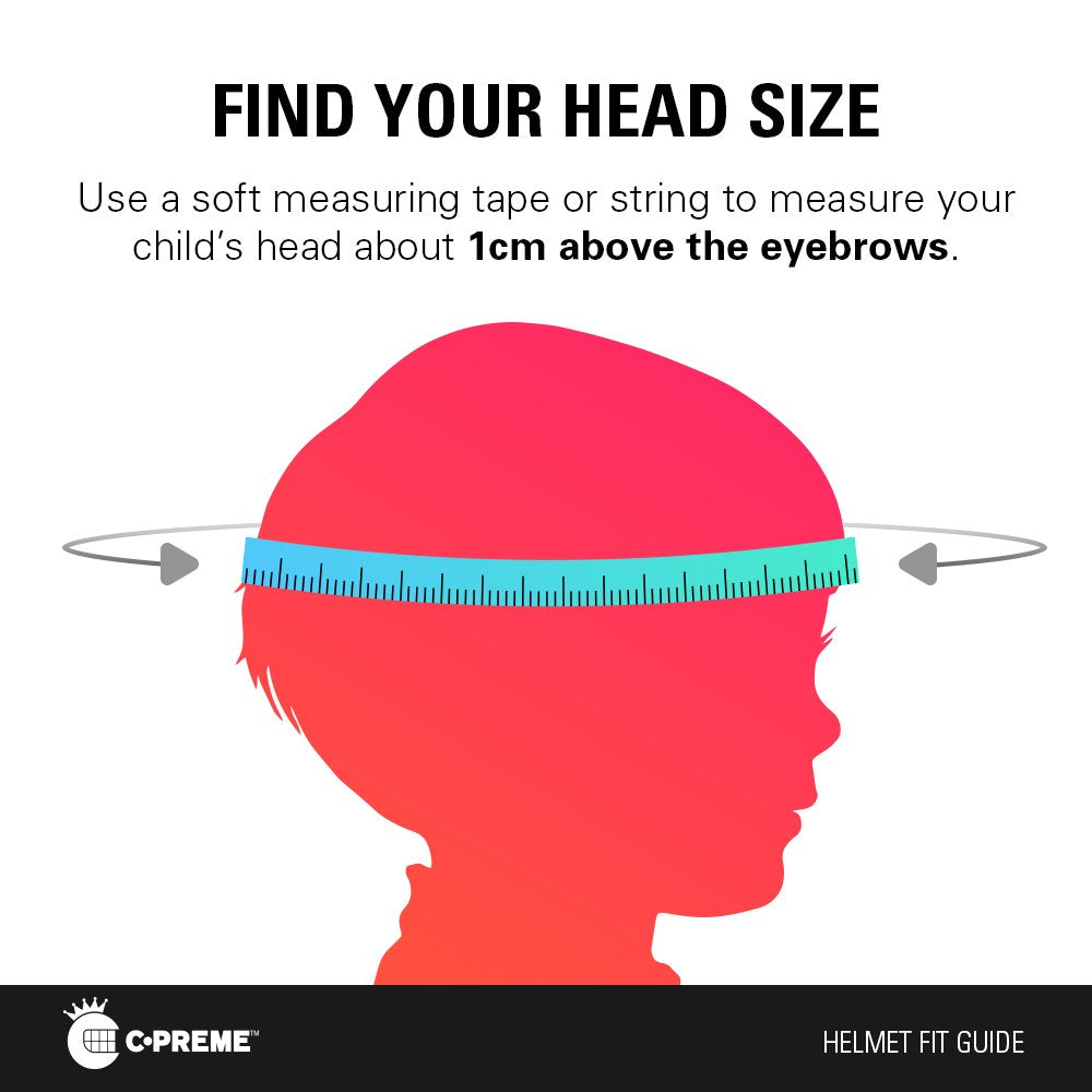 Raskullz helmet size comparison beside a child’s hand to show 48–52 cm fit