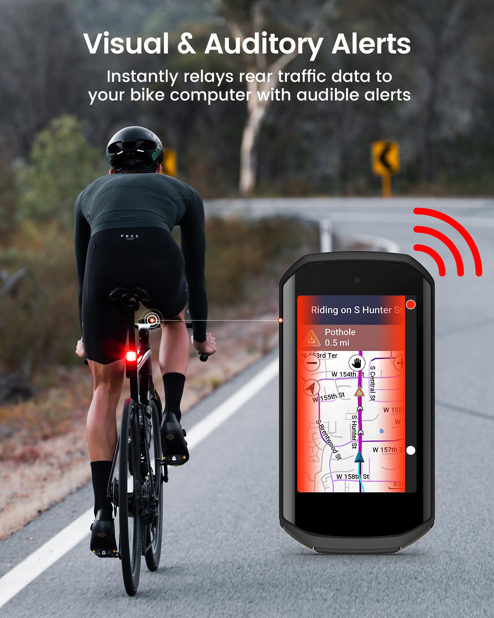 Ravemen NT201 radar indicator next to bike computer for timely alerts