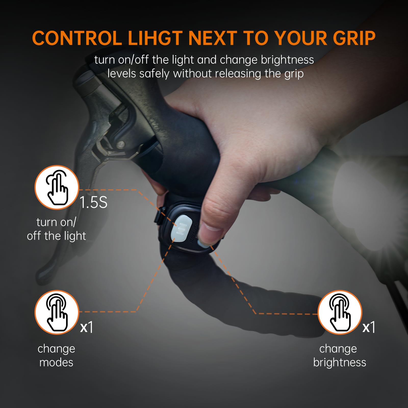 Ravemen PR2000 wireless remote on handlebar enabling safe mode changes