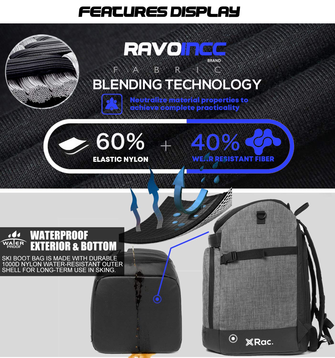 RAVOINCC main boot compartment with ski boots packed for clean separation