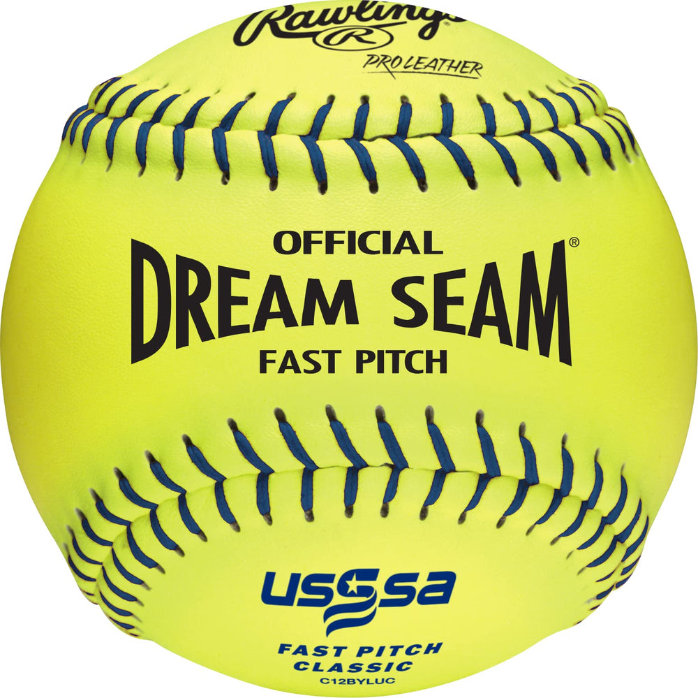 Rawlings dream seam front packaging showing 12 yellow pro leather softballs and USSSA approval for clear team use