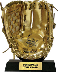 Rawlings mini Gold Glove mounted on included stand displayed on shelf, ideal for awards and autographs