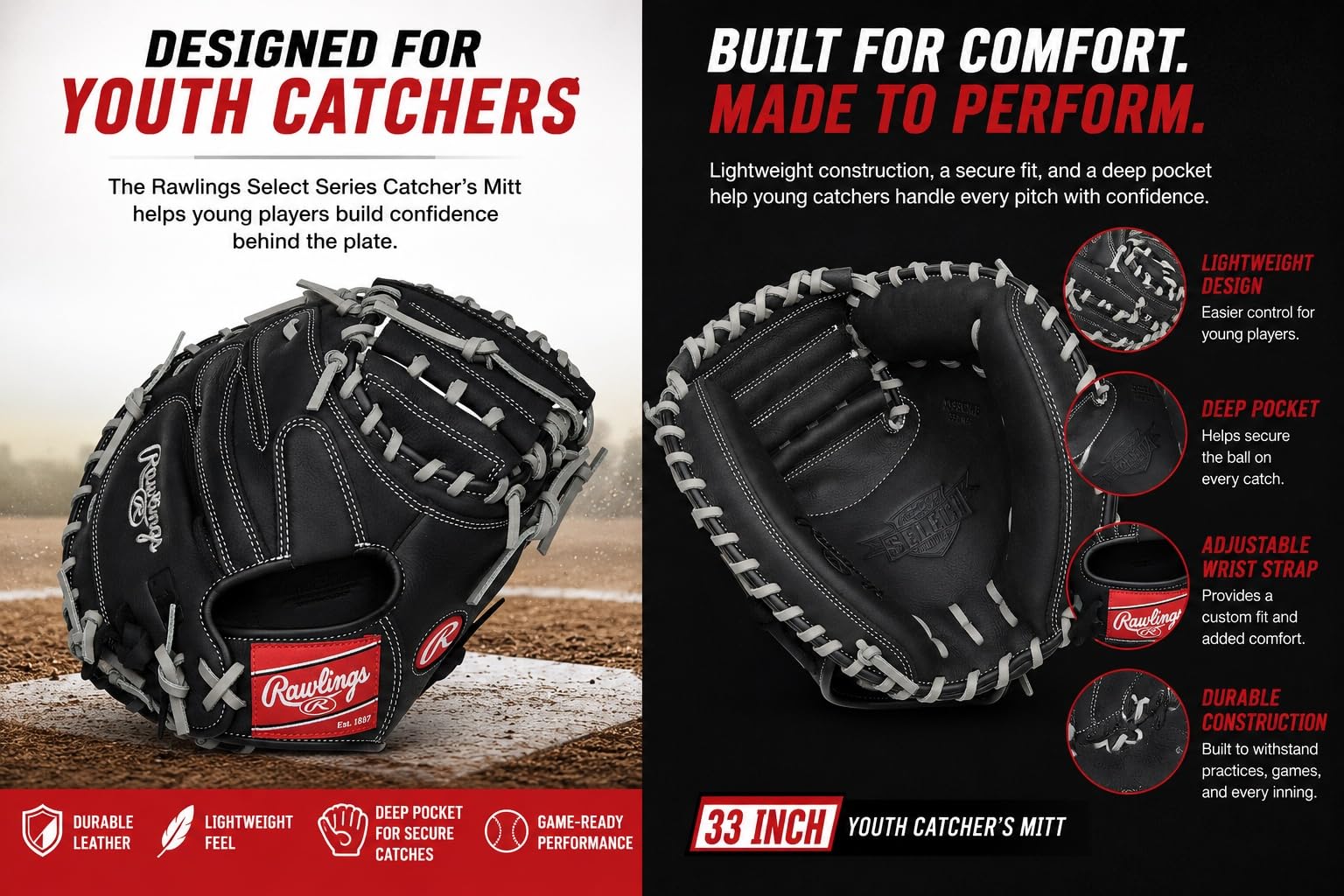 Rawlings mitt at home plate in game setting showing ready-for-play reliability