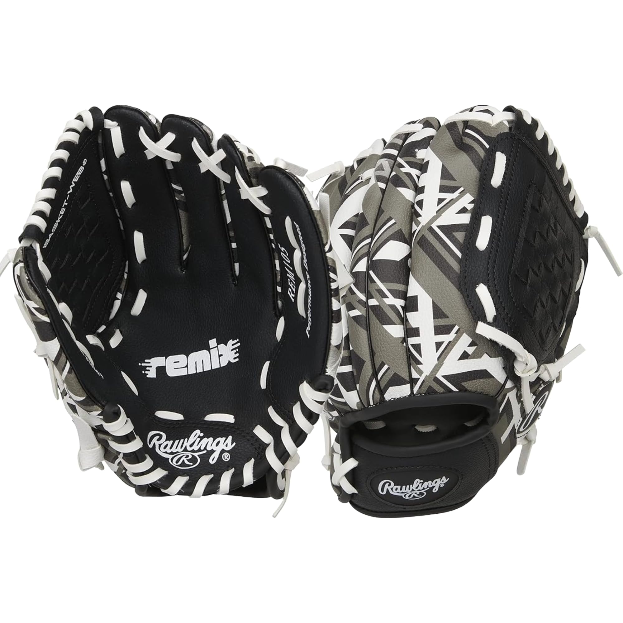 Rawlings glove front view showing black sublimated design and easy grip