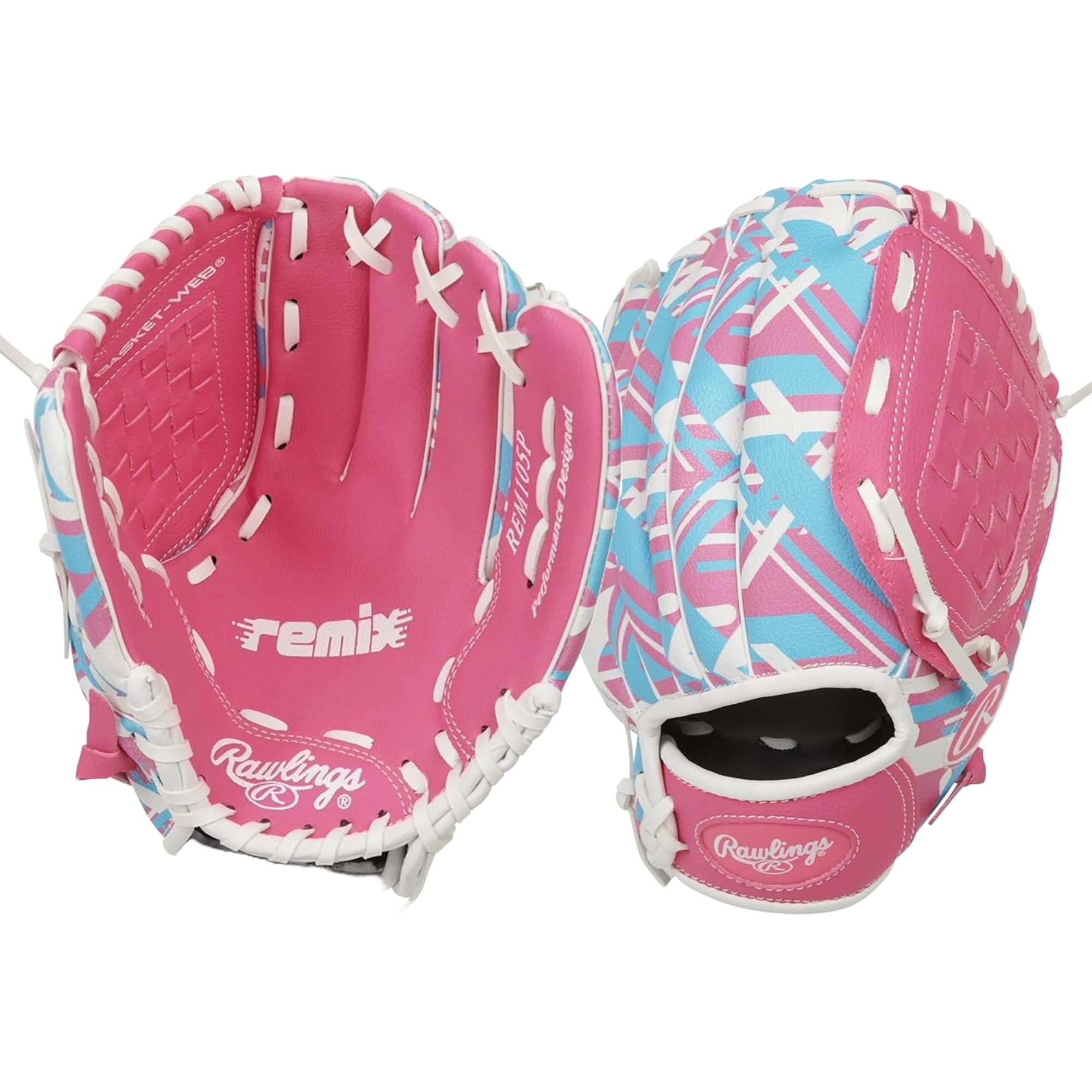 Rawlings REMIX front view showing bright pink pattern and snug fit benefit