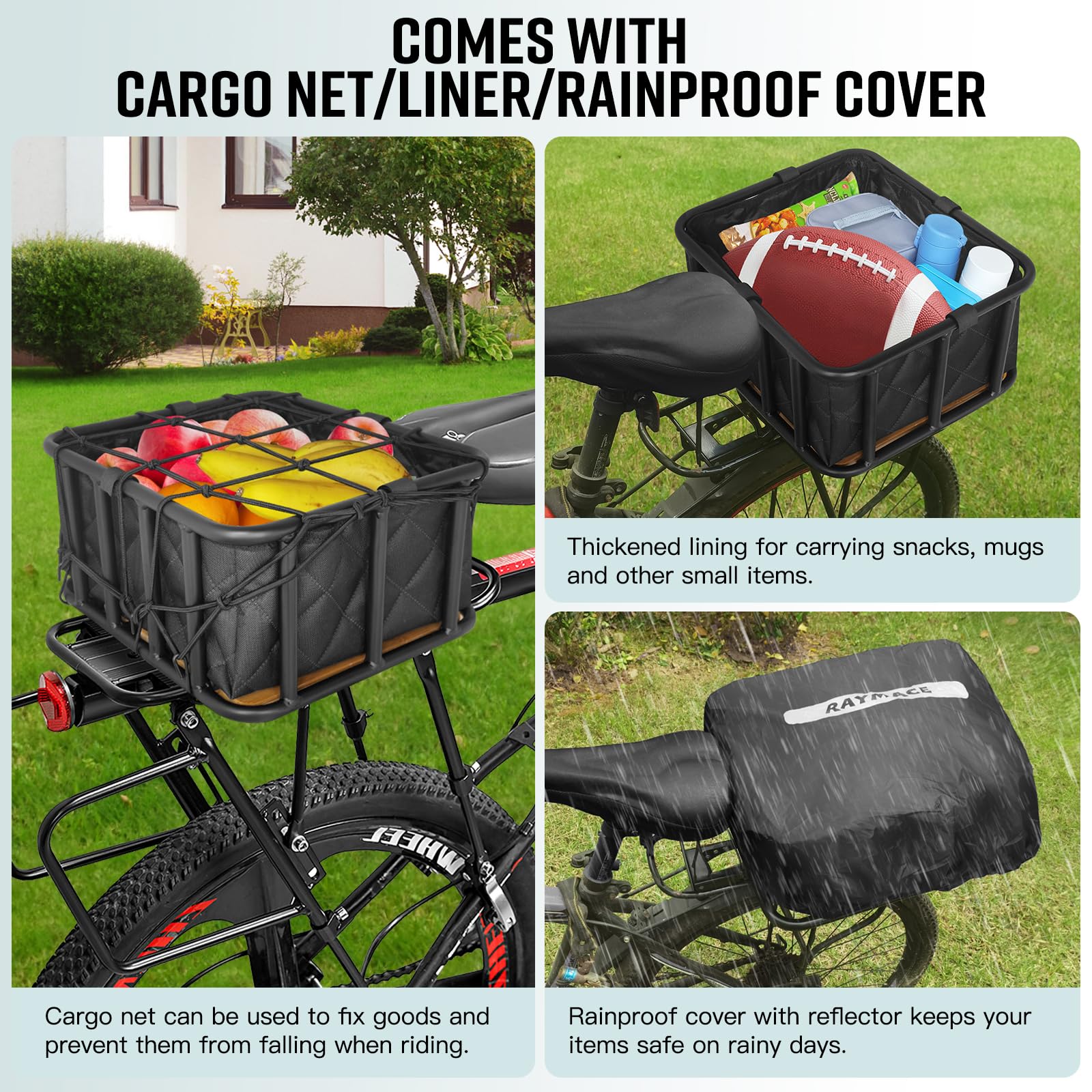 RAYMACE basket with rain cover protecting contents from wet weather benefit