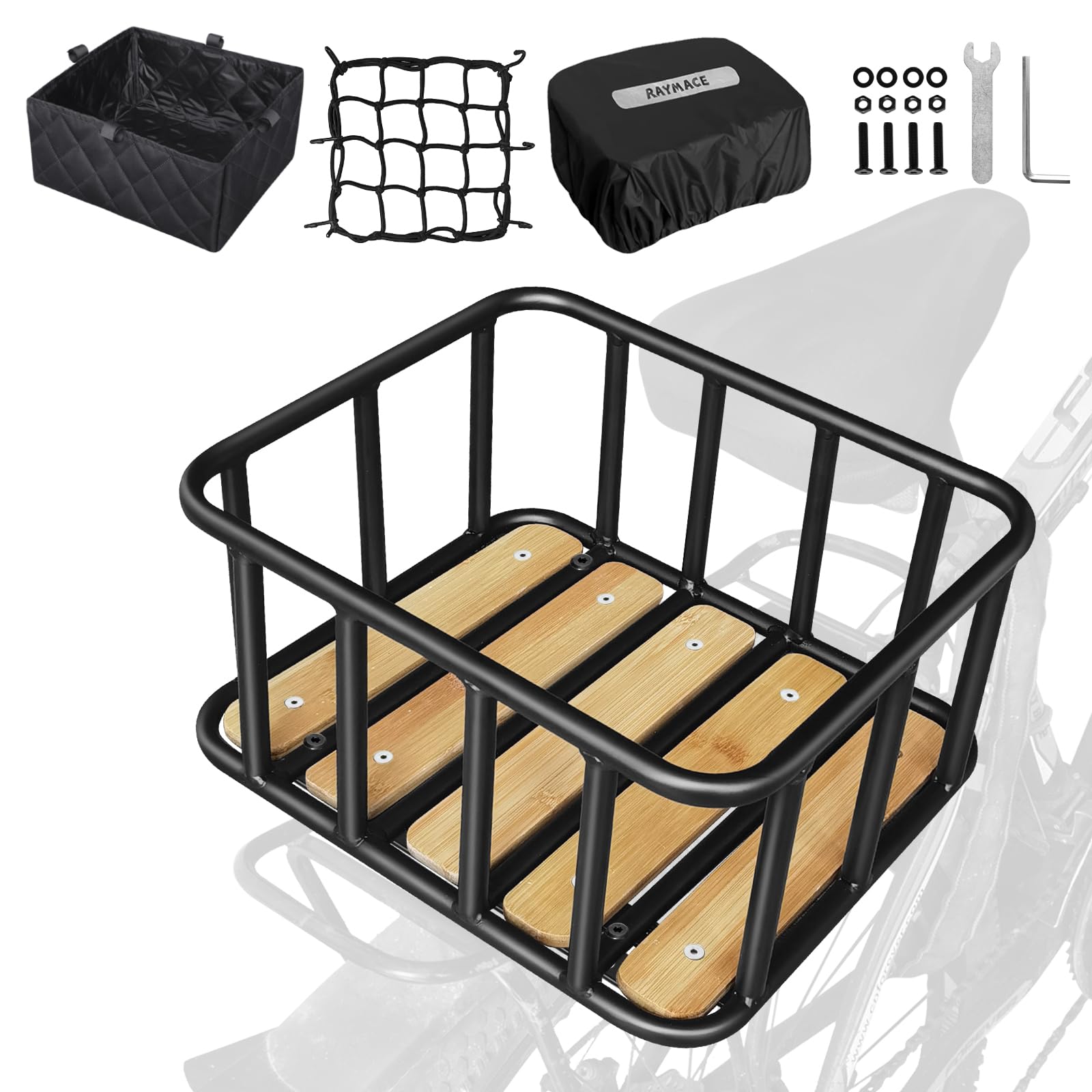 RAYMACE rear basket front view showing sturdy frame and secure mounting benefit