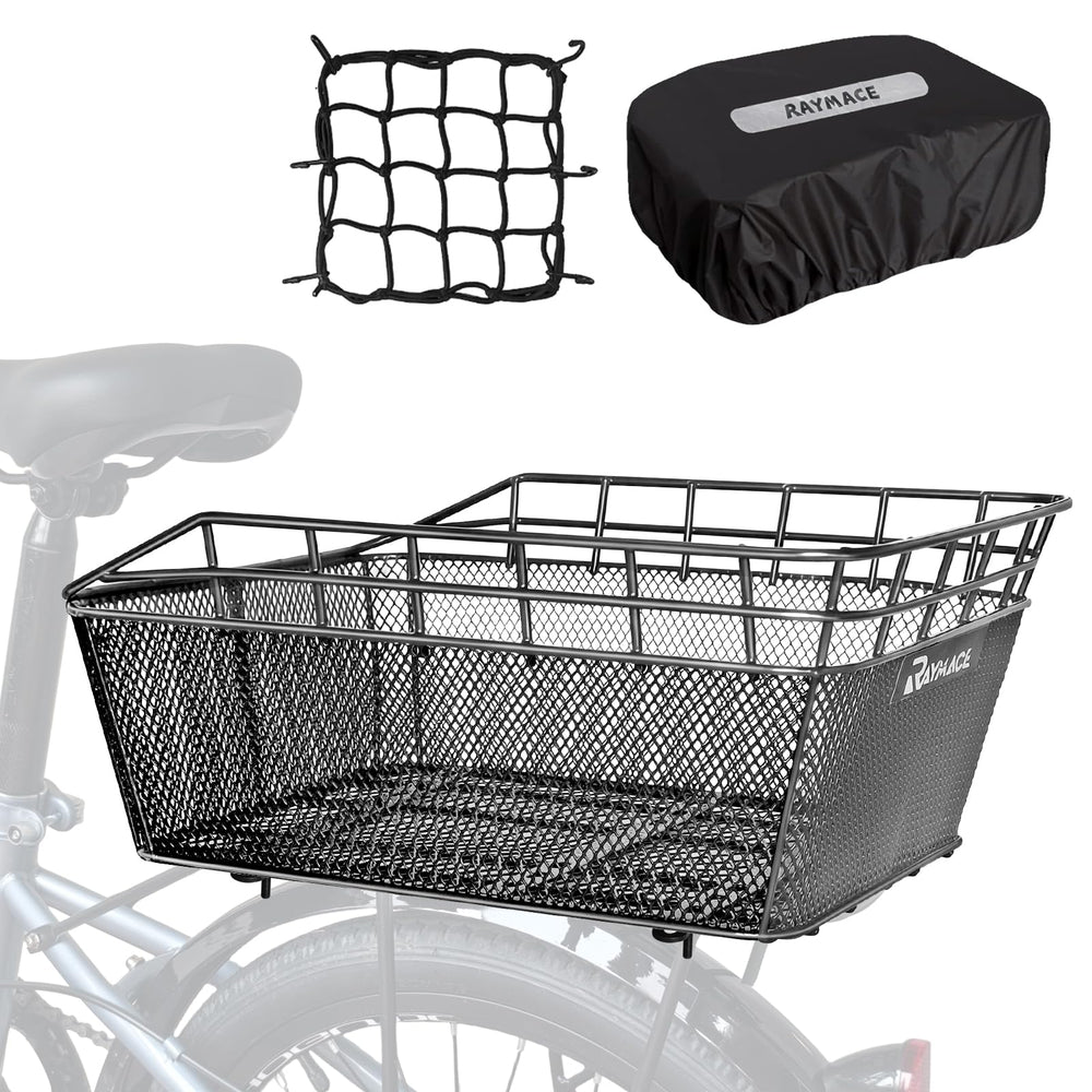 RAYMACE rear basket front view showing sturdy steel and capacity benefit