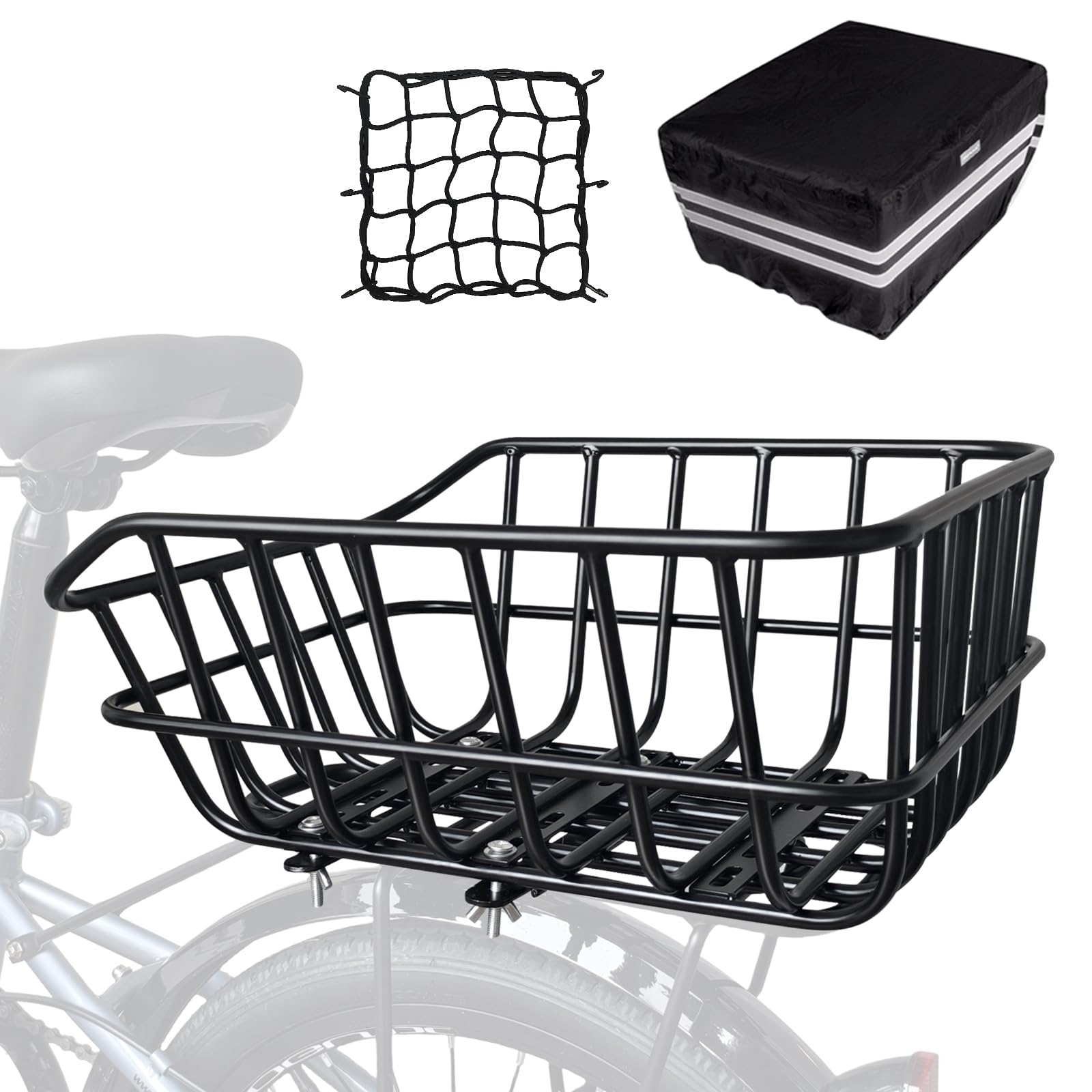 RAYMACE rear basket front view showing sturdy frame and open cargo area for convenience