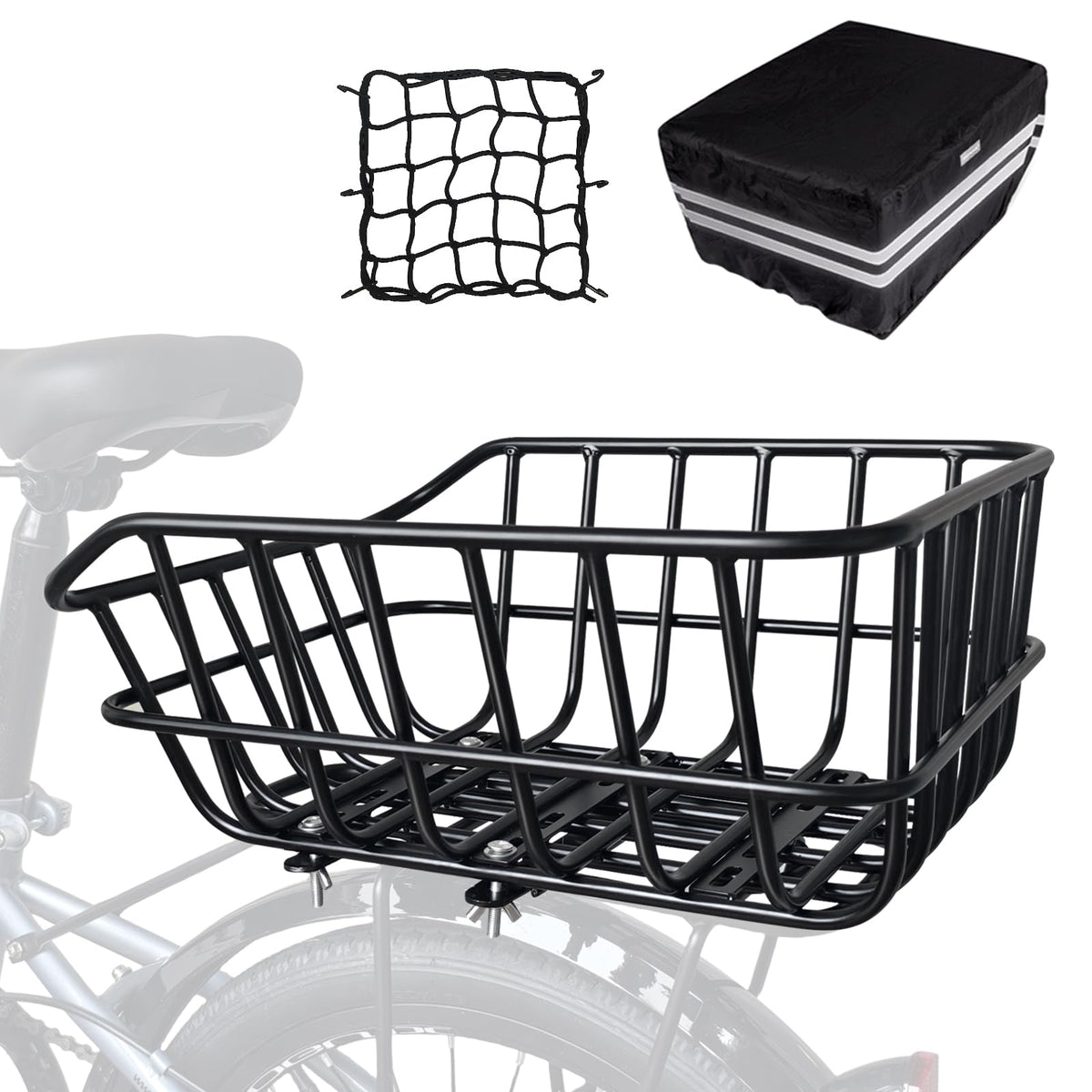 RAYMACE rear basket front view showing sturdy frame and open cargo area for convenience