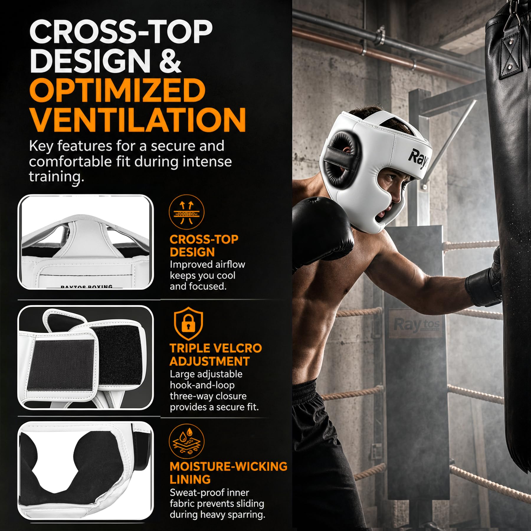 Raytos headgear next to boxing gloves showing size and scale for training setups benefit