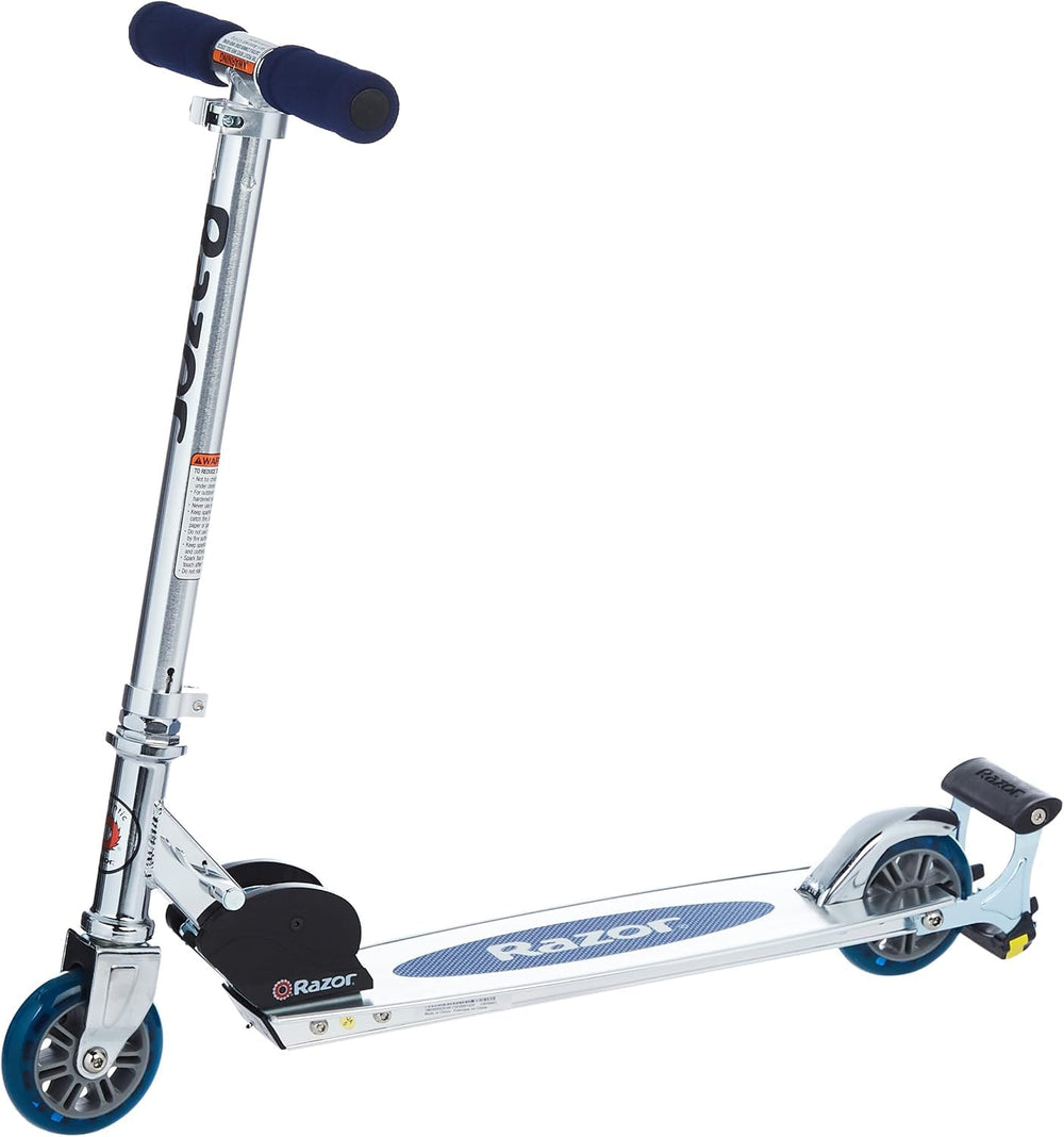 Razor Spark front view showing blue scooter and benefits of bright sparks