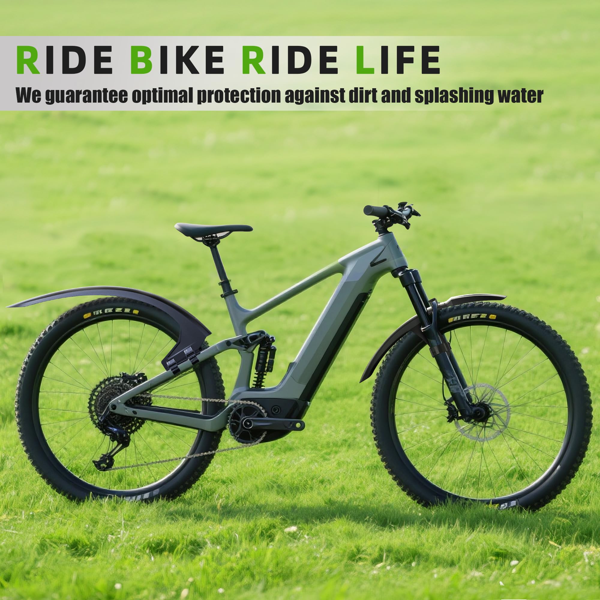 RBRL fenders in use on a muddy trail keeping rider cleaner