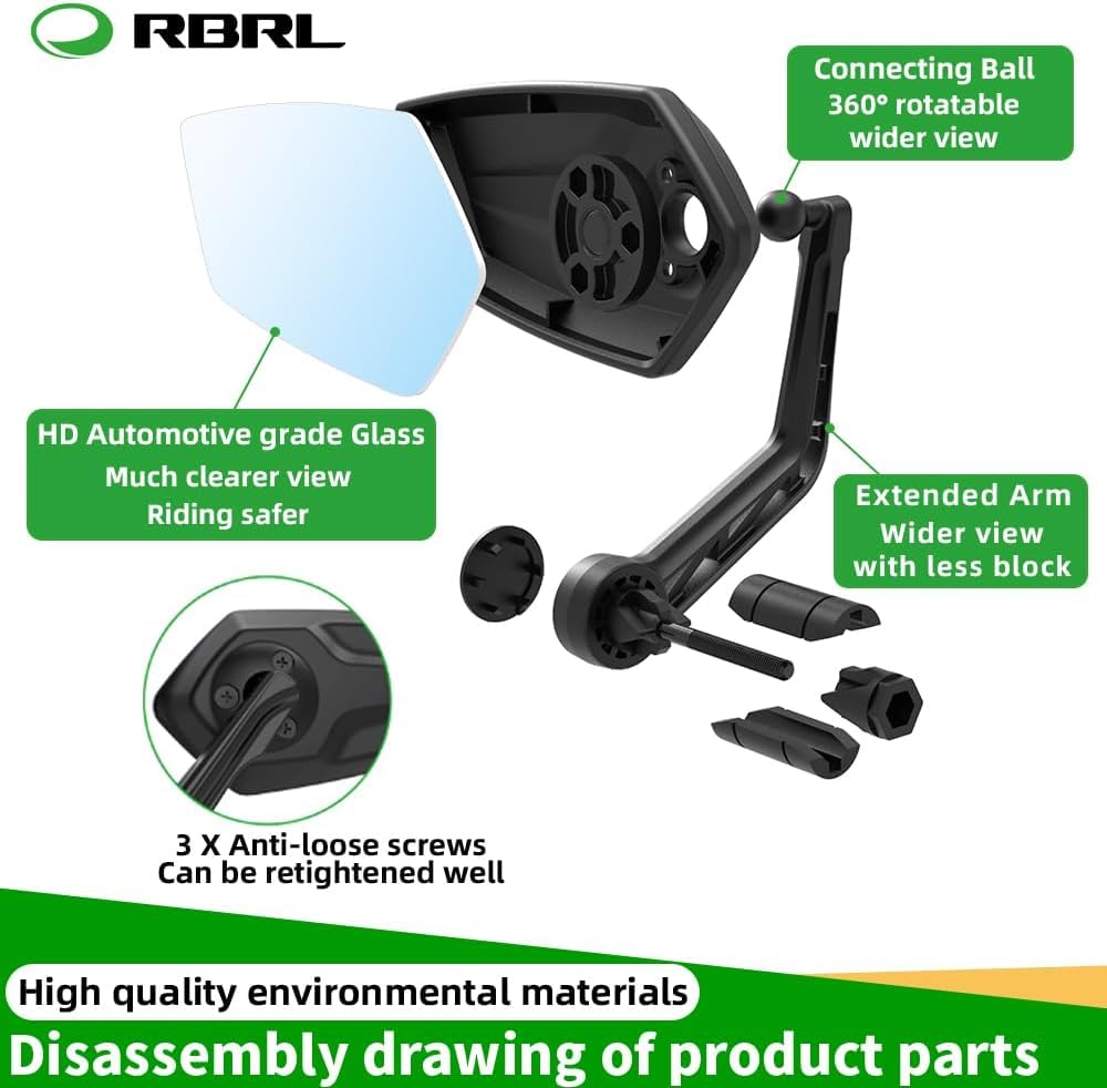 RBRL close-up of mirror arm highlighting sturdy nylon-fiber construction