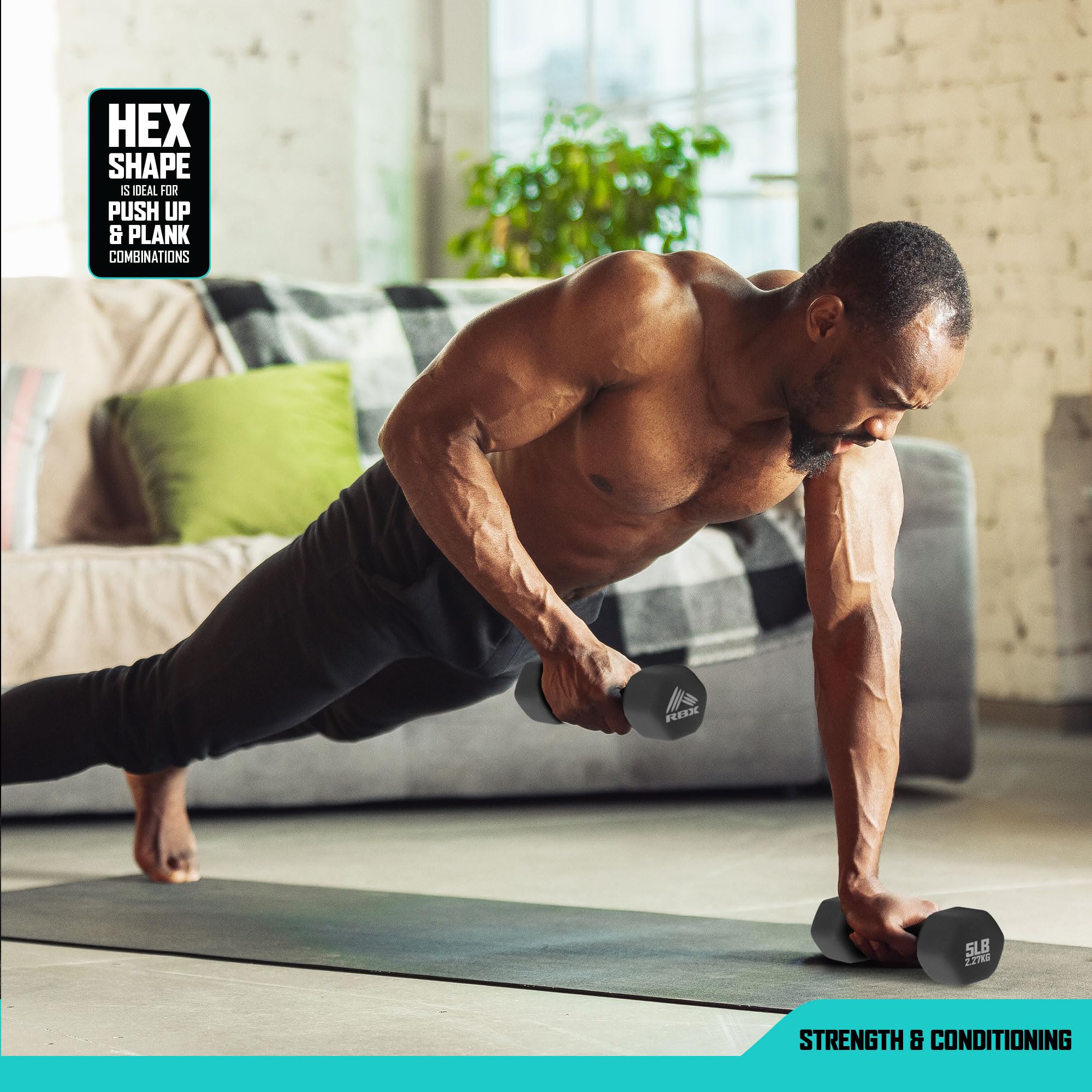 RBX dumbbells in-use during plank demonstrating added resistance for stronger core