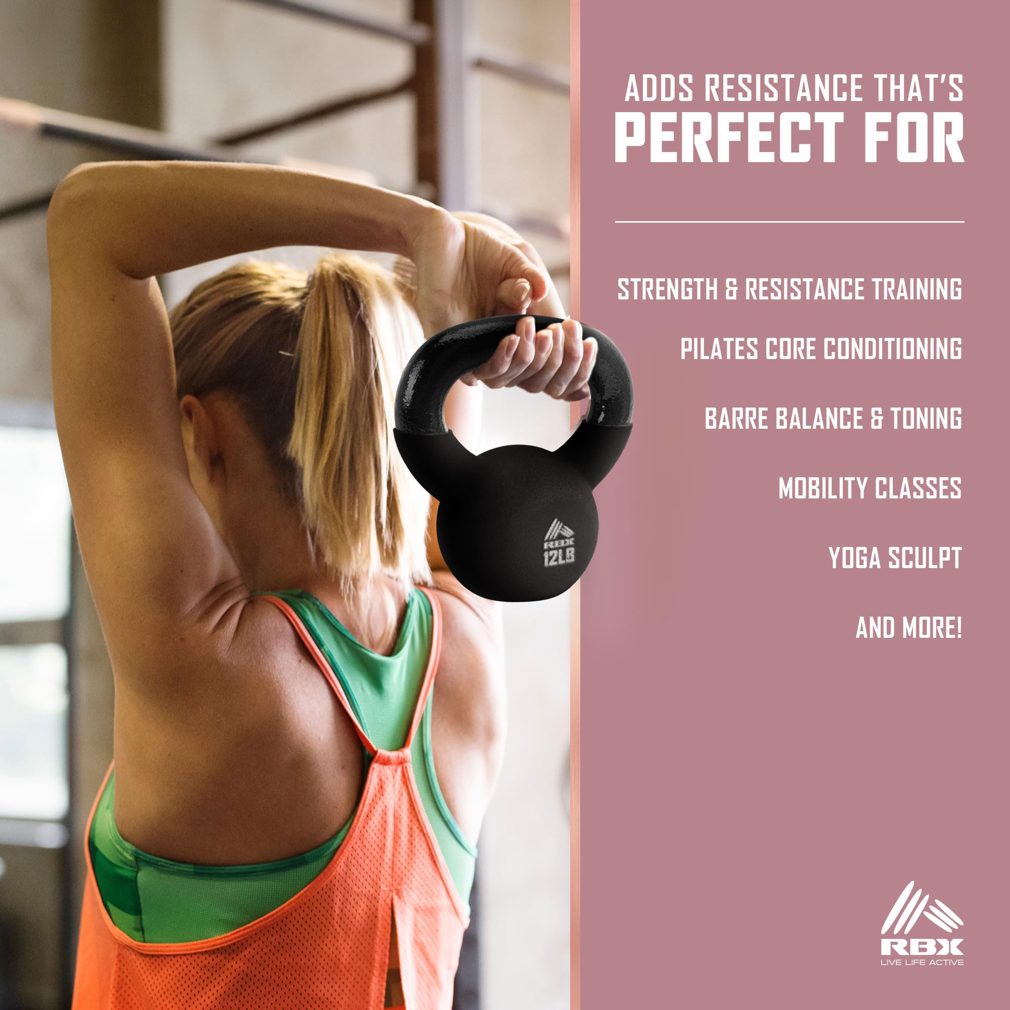 RBX kettlebell in home gym setting showing protective neoprene reduces floor damage and noise