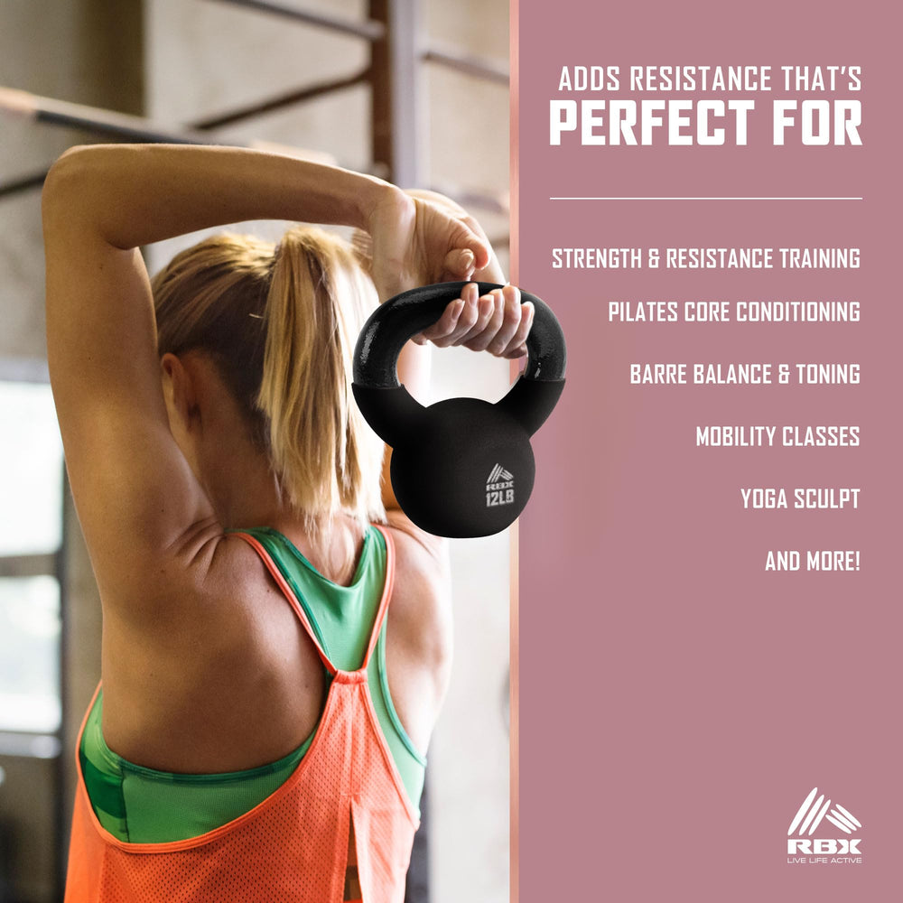 RBX kettlebell in home gym setting showing protective neoprene reduces floor damage and noise
