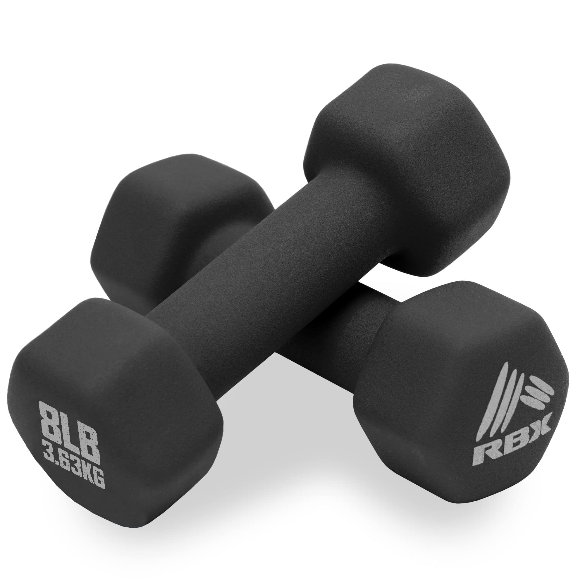 RBX neoprene dumbbell front view showing compact, anti-roll design and safe storage benefit