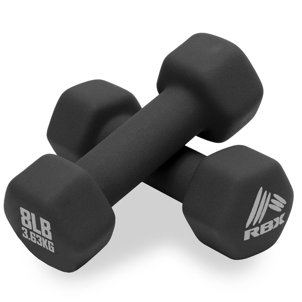 RBX neoprene dumbbell front view showing compact, anti-roll design and safe storage benefit