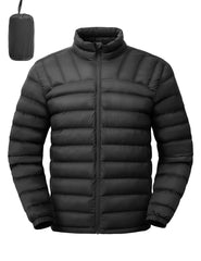 Rdruko front view black puffer jacket shows sleek silhouette and warmth
