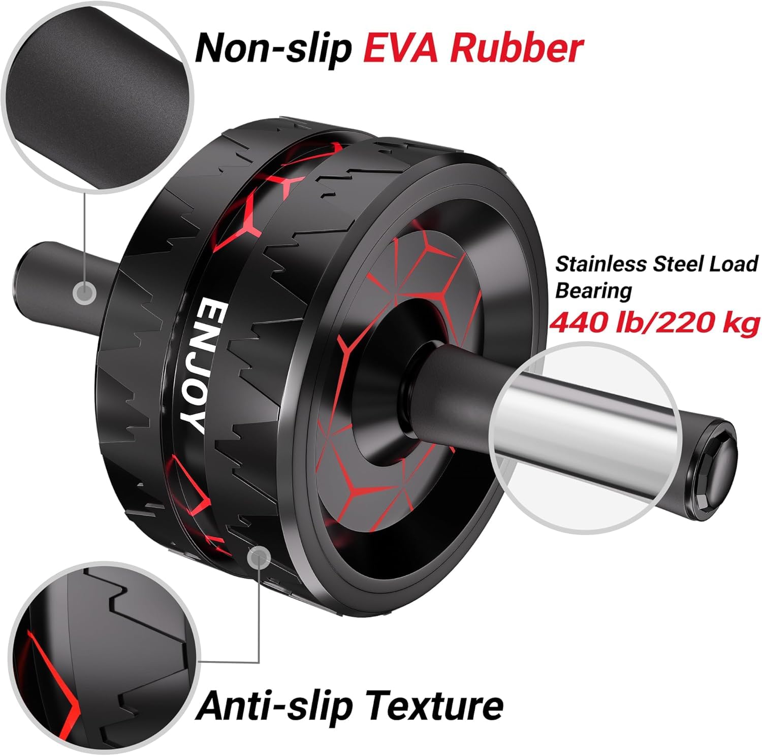 READAEER close-up of ab wheel tread, noiseless rubber protects floors and grips