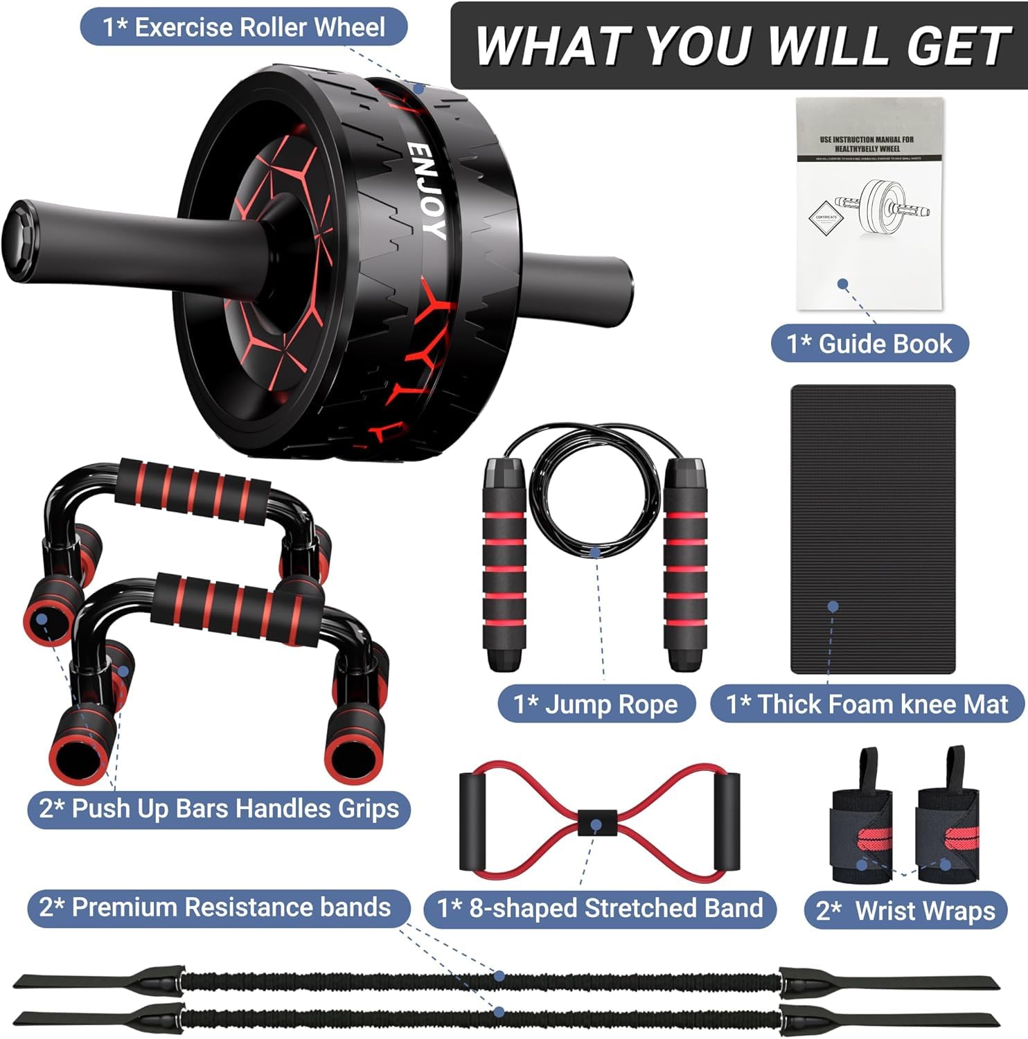 READAEER complete kit laid out, includes wheel, mat, bands, bars for versatile workouts
