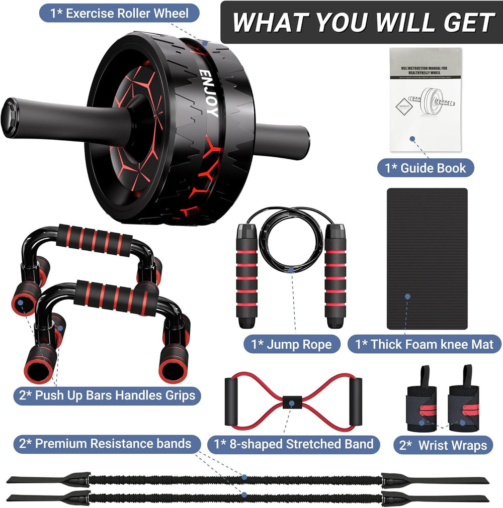 READAEER complete kit laid out, includes wheel, mat, bands, bars for versatile workouts